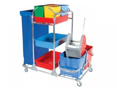 CLEANING TROLLEY WITH SINGLE BAG AND DOUBLE MOP BUCKET (METAL) Resmi
