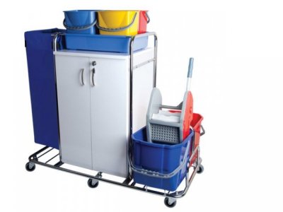 CLEANING TROLLEY WITH SINGLE BAG AND DOUBLE MOP BUCKET AND CUPBOARD (METAL)