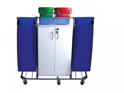 CLEANING TROLLEY WITH DOUBLE BAG AND CUPBOARD (METAL)