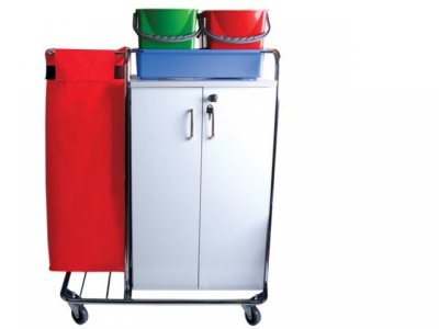 CLEANING TROLLEY WITH SINGLE BAG AND CUPBOARD (METAL)