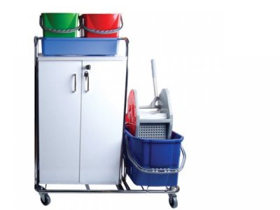 CLEANING TROLLEY WITH DOUBLE MOP BUCKET AND CUPBOARD (METAL)