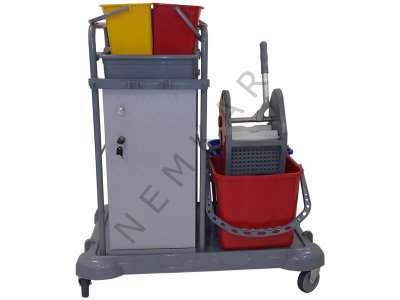 CLEANING TROLLEY WITH DOUBLE MOP BUCKET AND CUPBOARD